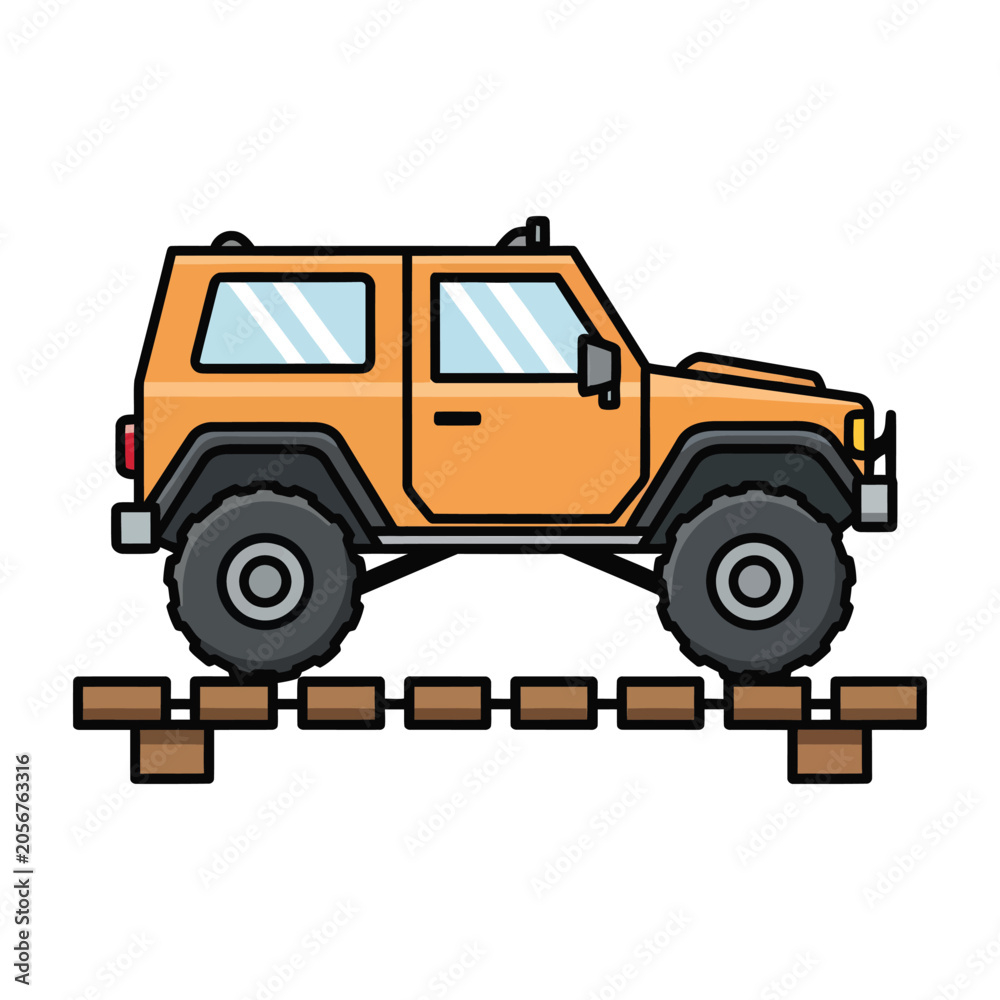 Naklejka premium Orange four wheel drive car crossing a wooden bridge