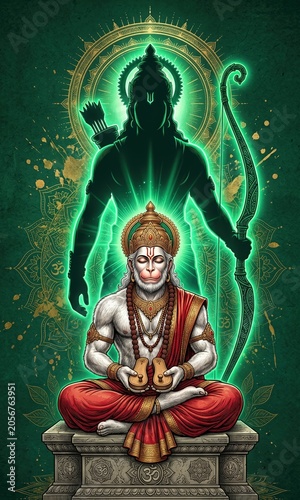 Meditating Hanuman with Lord Ram Silhouette on Emerald Green Background