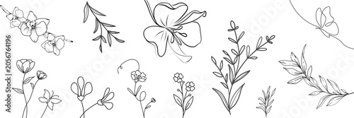 Minimalist line art floral collection featuring delicate flowers and botanical leaves, continuous line drawing, elegant nature illustration, decorative plant outlines, modern organic design elements,