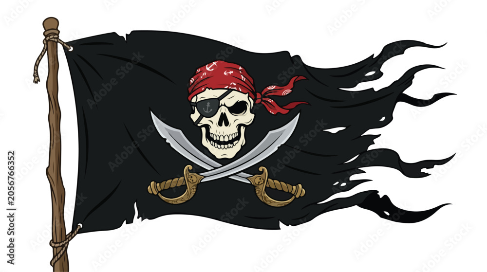 Fototapeta premium Menacing pirate flag with a skull and crossbones design featuring a red bandana and flowing black banner