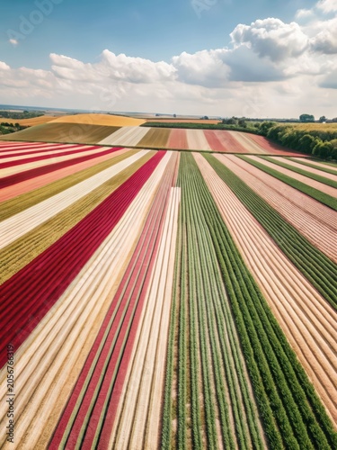 Colorful Agricultural Fields from Above Showcasing Diverse Crop Rows and Sustainable Farming Patterns Under Dramatic Summer Sky