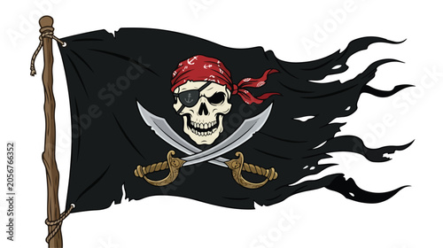 Menacing pirate flag with a skull and crossbones design featuring a red bandana and flowing black banner