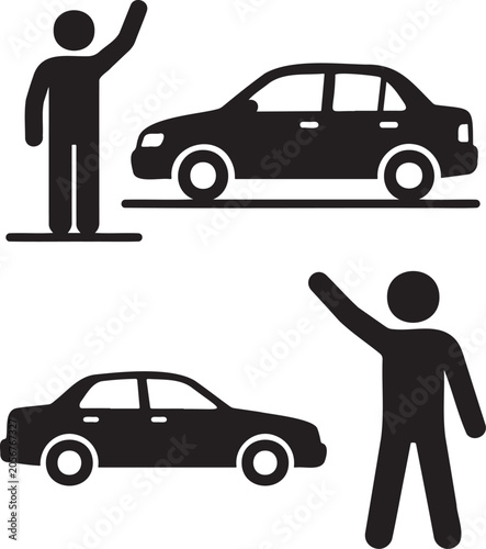 Person waving car icon silhouette isolated on white background.