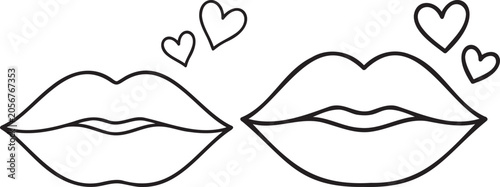 Lips kissing with hearts outline isolated on white background.