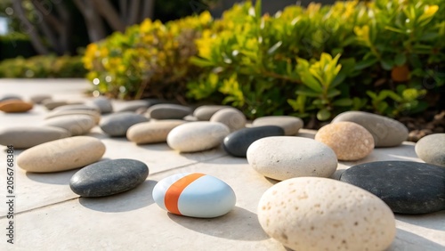 A peaceful stone garden arrangement with smooth pebbles and vibrant foliage