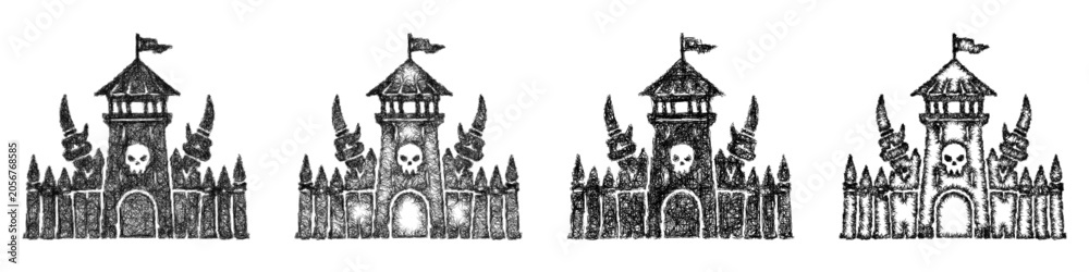 Naklejka premium Monochrome sketch orc fortress icon design set
