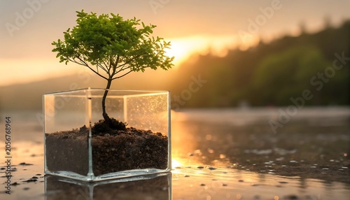 A tiny tree grows within a glass cube during a golden sunset