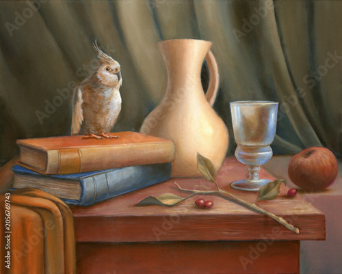Still life with vase, books and cockatiel