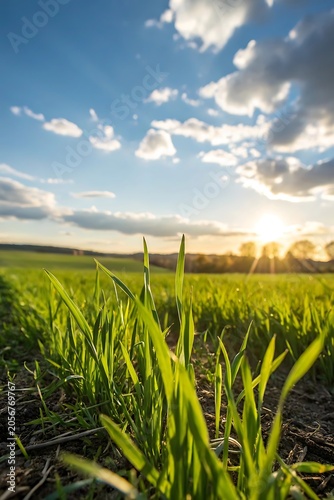Lush green field under a bright sky with scattered fluffy clouds