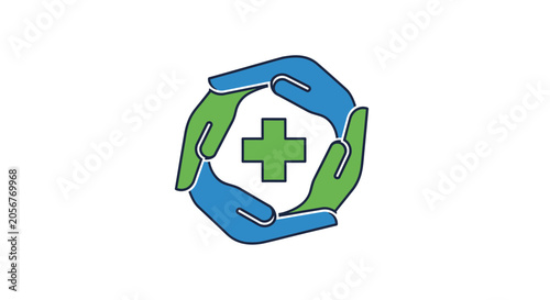 Medical Care Symbol: Artistic Green Cross Enclosed in Supporting Blue and Green Hands