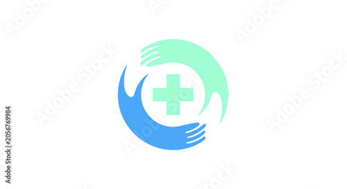 Medical Care Symbol of Hands Protecting the Green Cross for Healthcare System
