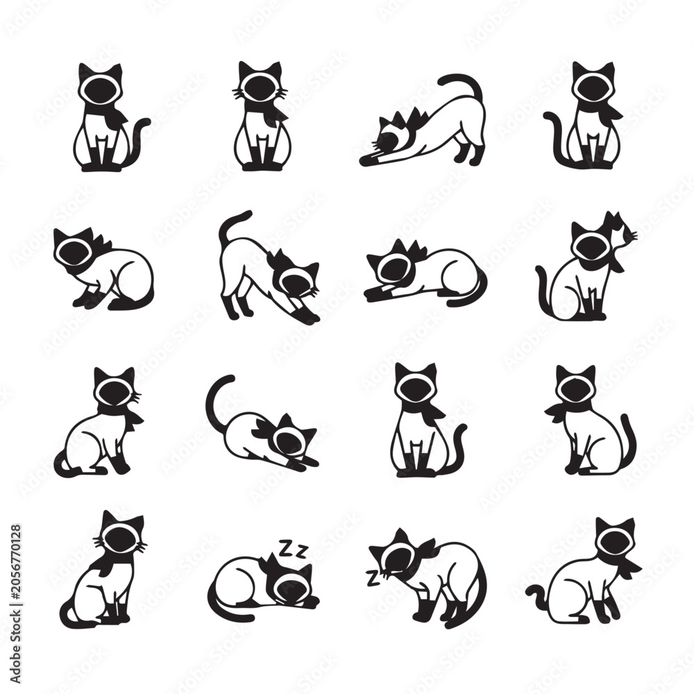 Fototapeta premium Siamese cats in various poses during relaxation and activity with clean background vector illustration