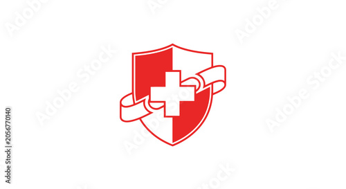 Medical Cross Shield Emblem With Ribbon Symbolizing Health And Assistance