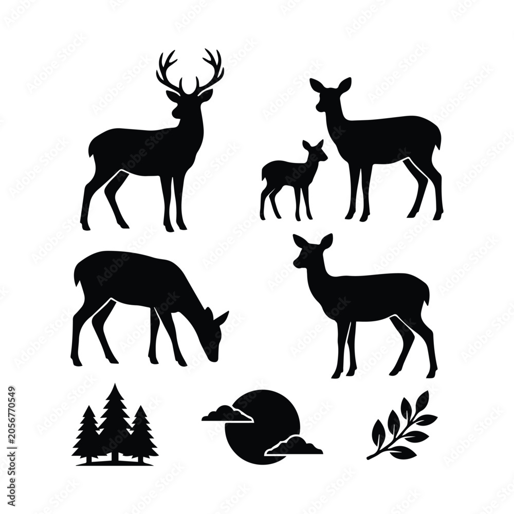 Obraz premium Collection of deer silhouettes with fir trees moon and forest nature components