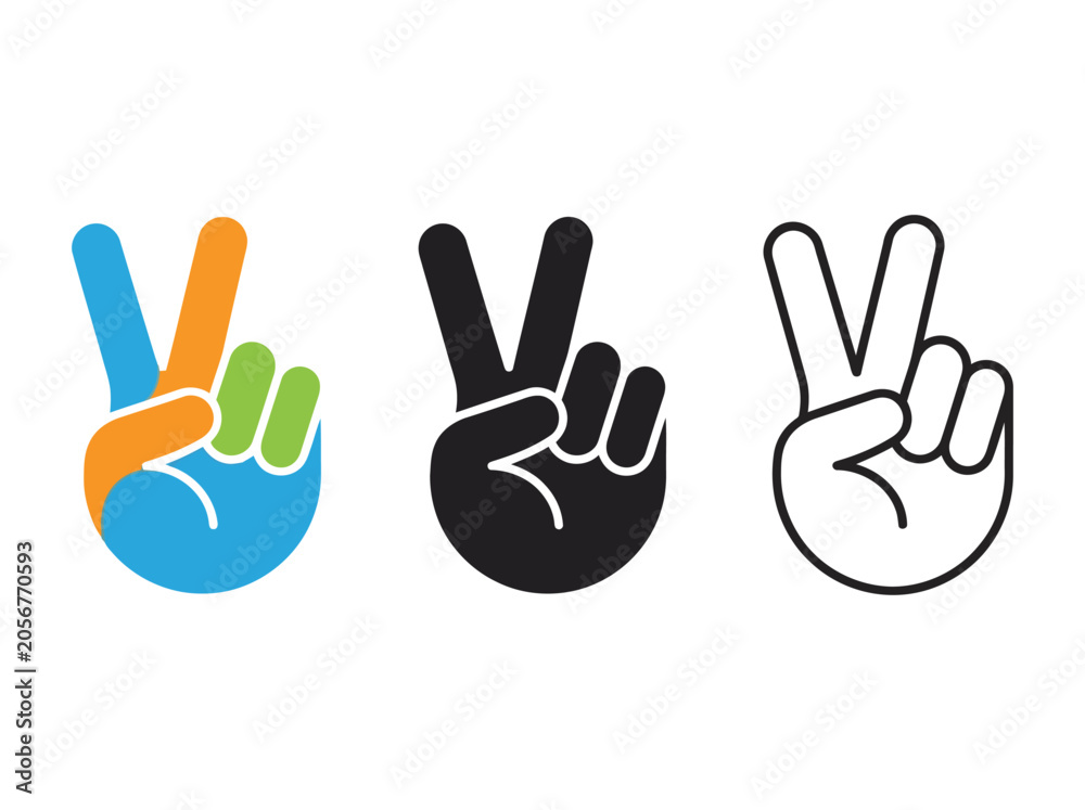 Fototapeta premium Three peace sign hand gestures in blue, orange, green, black and white Vector