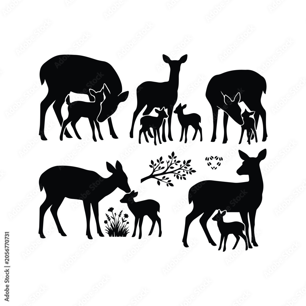Fototapeta premium Family of deer silhouettes mother and fawn black and white vector art