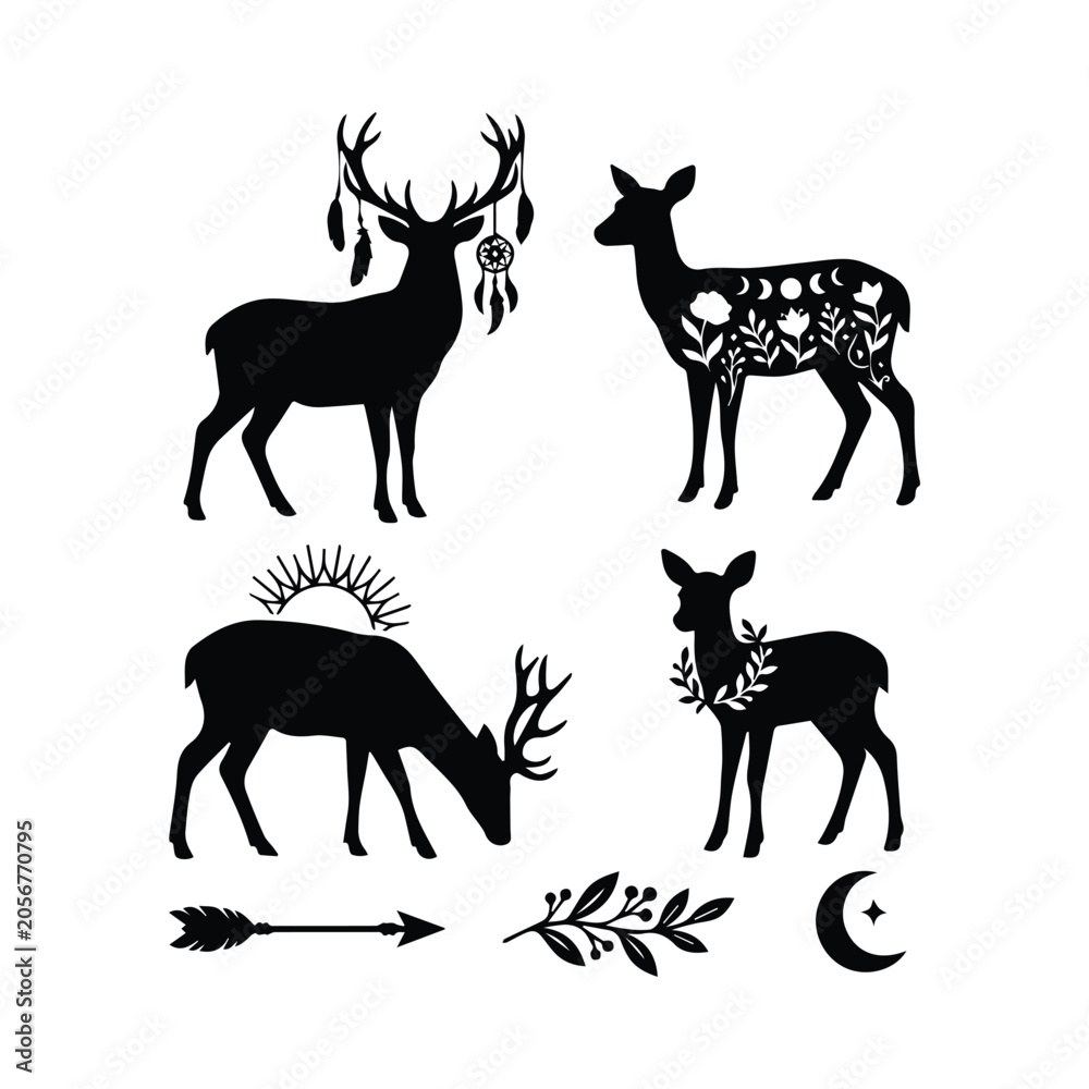 Fototapeta premium Set of black deer silhouettes with floral patterns feathers and mystical symbols