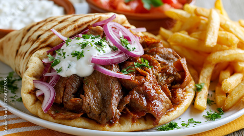 Savory gyros delight with fresh toppings and crispy fries from Greece