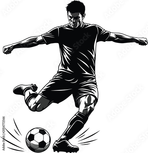 Soccer Player Kicking Ball Silhouette Vector Isolated on White Background