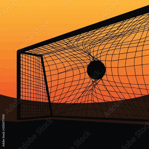 Soccer Ball in Goal Net Silhouette Vector at Sunset Isolated Sports Illustration