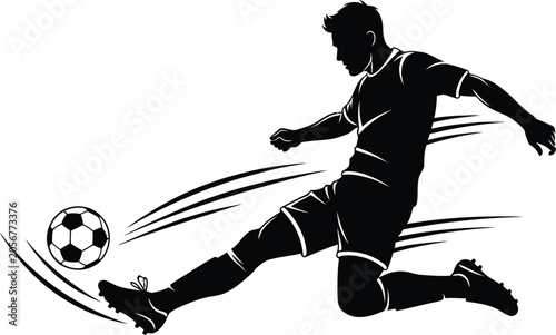 Football Player Kicking Ball Black Silhouette Vector Sports Illustration