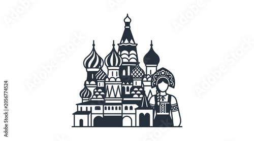 Black and white illustration of Saint Basil's Cathedral Moscow.