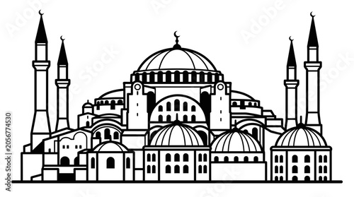 Tableau sur toile Black and white line art of Hagia Sophia mosque.