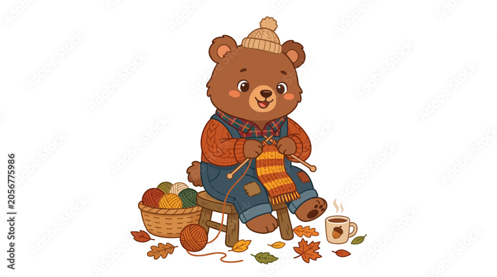 Obraz premium Cute Bear Knits Scarf, Autumn Leaves, Cozy Hobby