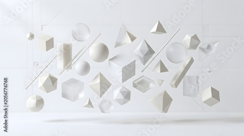 Geometric Abstraction: A surreal composition of white geometric shapes, including spheres, cubes, pyramids, and prisms, suspended in a minimalist space.