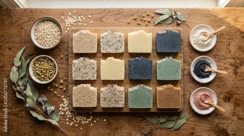 Handmade natural soap bars arranged on wooden board with organic ingredients. Assortment of botanical body care products with herbs and powders for spa wellness and home bath routine.