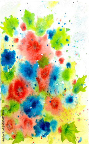 Hand-painted watercolor abstract floral bouquet, vibrant wet-on-wash blooms in red, blue and green tones, artistic splatter texture.