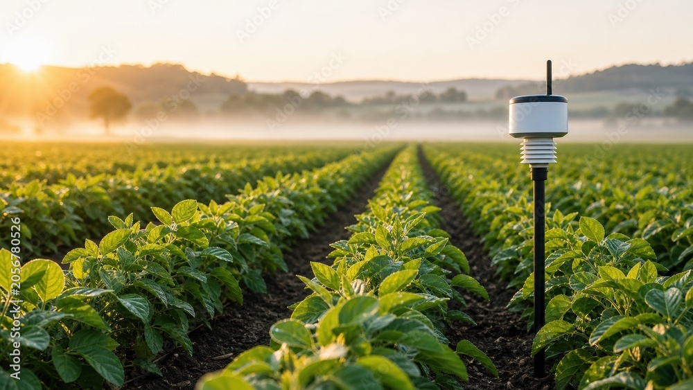 Fototapeta premium Sensors monitor plant growth in a field during sunrise near a quaint rural landscape