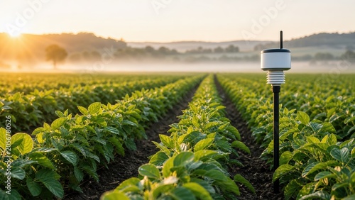 Sensors monitor plant growth in a field during sunrise near a quaint rural landscape