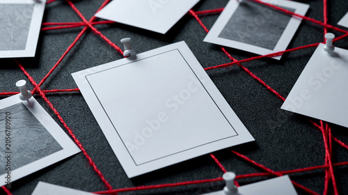 Blank photos pinned on a detective board create a mysterious puzzle scene