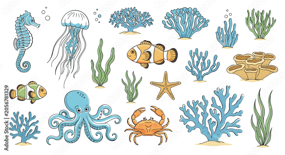 Obraz premium Cute Seamless Vector Pattern of Sea Animals with Fish, Flowers, Butterflies and Nature Elements
