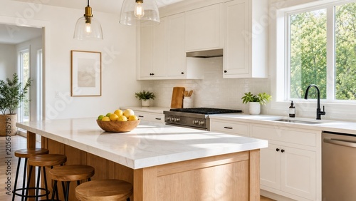Modern kitchen with a large island and natural light in a home located in a residential area, featuring fresh fruits in a bowl