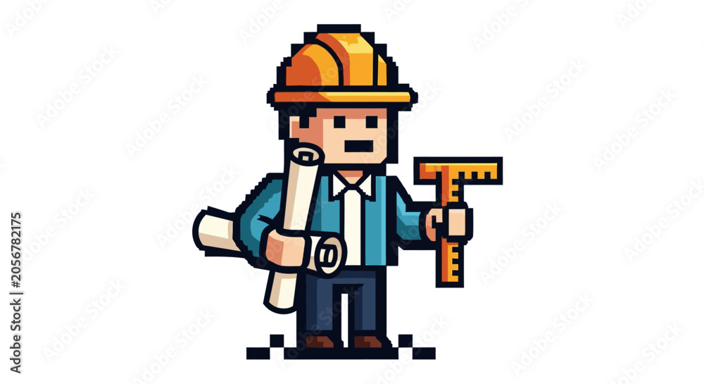 Fototapeta premium Pixel art construction worker with tools.
