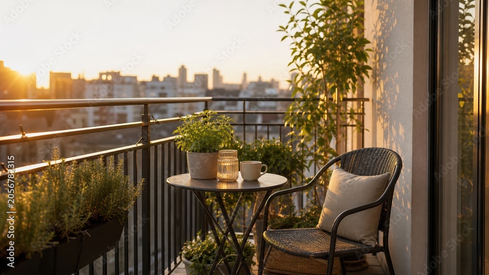 Fototapeta premium Sunset view from a balcony with plants, a chair, and a table near a city skyline in the evening