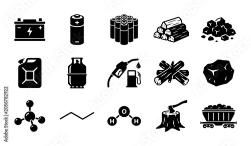 Fotografie Energy and fuel source icons set, 15 black vector symbols of power and natural r