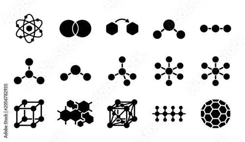 Bild auf Leinwand Scientific molecule icon set, 15 black vector chemistry symbols, molecular struc