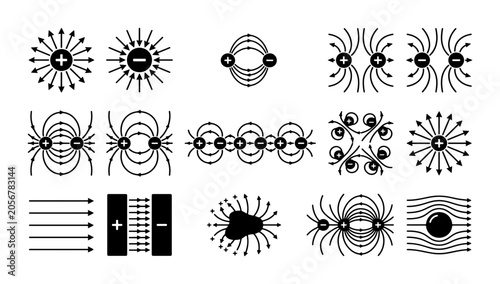 Canvastavla Magnetic field line diagrams, physics electric charge icons, 14 vector scientifi
