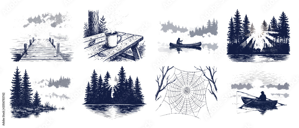 Fototapeta premium Wilderness camping engraving illustration set featuring rustic outdoor scenes of a lake dock, coffee cup, canoe, forest sunrise, fishing boat, and spiderweb in a vintage hand drawn sketch design.