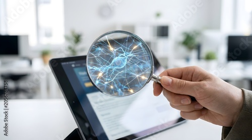 A person holds a magnifying glass over a tablet screen displaying a complex neural network image.