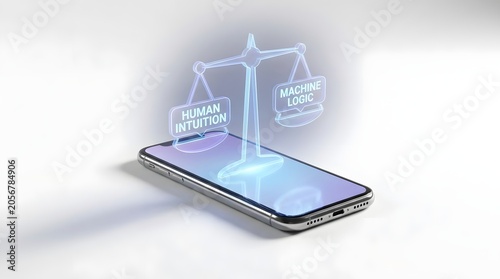 A smartphone screen projects a glowing 3D holographic scale comparing human intuition and machine.