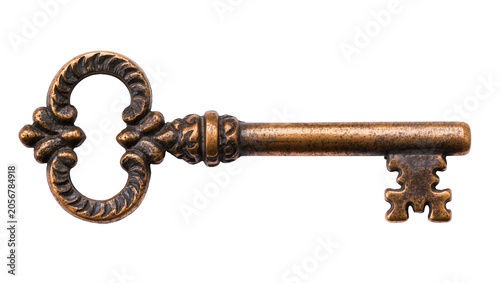 Billede på lærred Isolated antique skeleton key with ornate design and classic shape, vintage secu