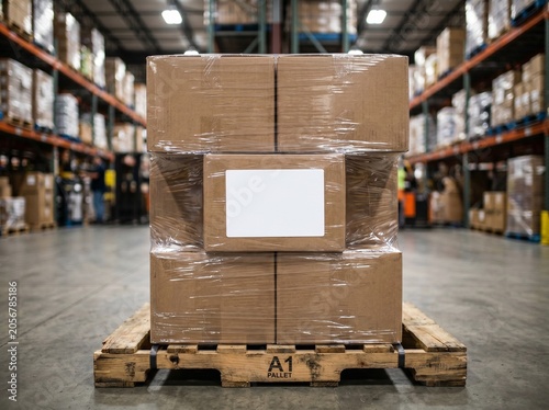 Shrink Wrapped Cardboard Boxes With Blank Label On Wooden Pallet