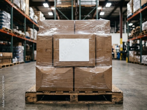 Shrink Wrapped Cardboard Boxes With Blank Label On Wooden Pallet