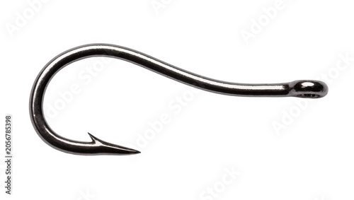 Canvas Print Isolated curved metal fishing hook with sharp point and dark finish for angling