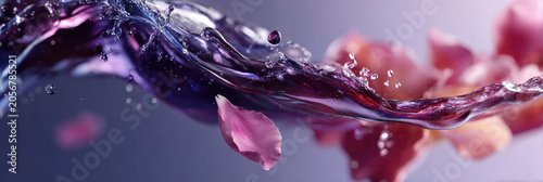 Butterfly pea flower liquid dynamically changing color, splashing with delicate petals, showing a natural pH indicator transition from blue purple to pink hues