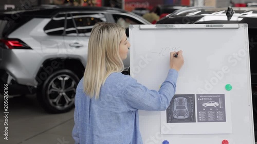 Saleswoman presenting technical data and charts on whiteboard in car dealership